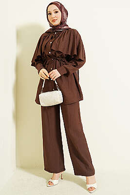 Pelerinli Gold Düğmeli Takım Kahve 