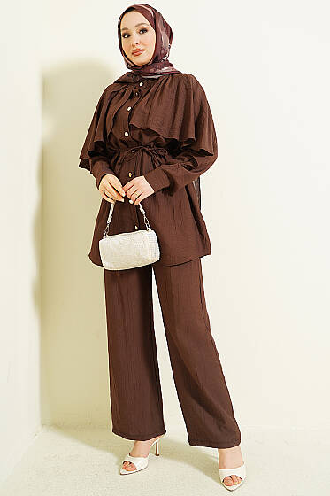 Pelerinli Gold Düğmeli Takım Kahve - İkili Takım