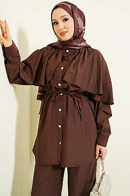 Pelerinli Gold Düğmeli Takım Kahve - İkili Takım