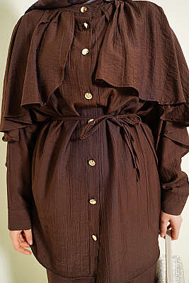 Pelerinli Gold Düğmeli Takım Kahve - İkili Takım