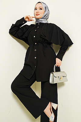 Pelerinli Gold Düğmeli Takım Siyah - İkili Takım