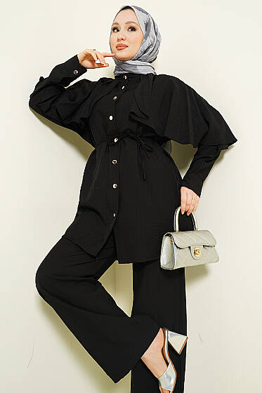 Pelerinli Gold Düğmeli Takım Siyah - İkili Takım