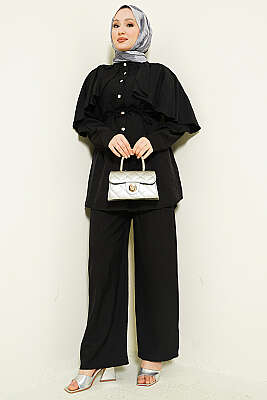 Pelerinli Gold Düğmeli Takım Siyah - İkili Takım