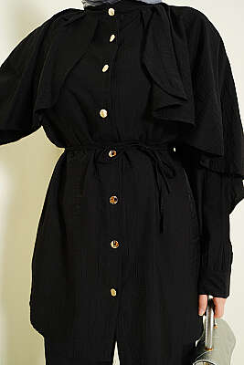 Pelerinli Gold Düğmeli Takım Siyah - İkili Takım