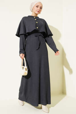 Pelerinli İp Bağcıklı Elbise Füme - NESSİA