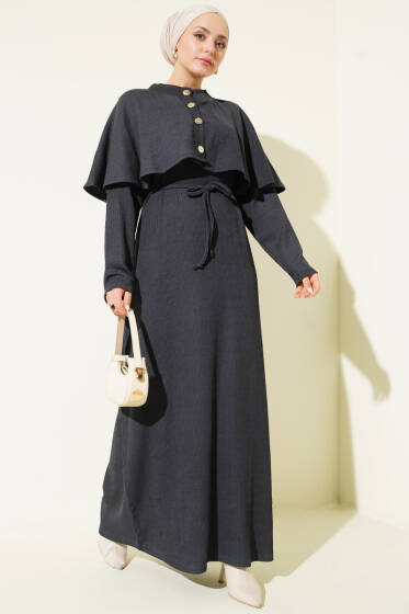 Pelerinli İp Bağcıklı Elbise Füme - Elbise