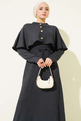 Pelerinli İp Bağcıklı Elbise Füme - Elbise