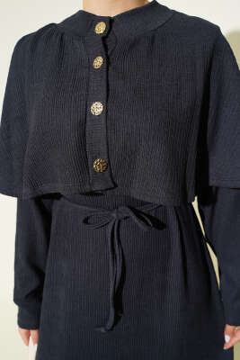 Pelerinli İp Bağcıklı Elbise Füme - Elbise