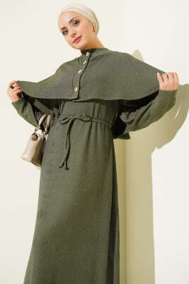 Pelerinli İp Bağcıklı Elbise Haki - Elbise