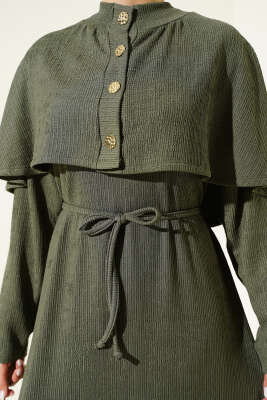 Pelerinli İp Bağcıklı Elbise Haki - Elbise