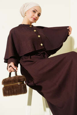 Pelerinli İp Bağcıklı Elbise Kahve - NESSİA