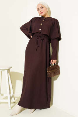 Pelerinli İp Bağcıklı Elbise Kahve - Elbise