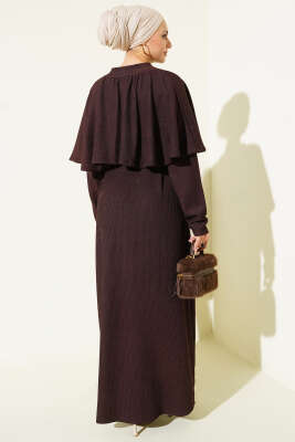 Pelerinli İp Bağcıklı Elbise Kahve - Elbise