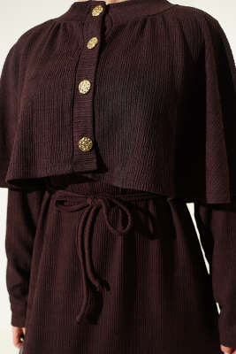 Pelerinli İp Bağcıklı Elbise Kahve - Elbise