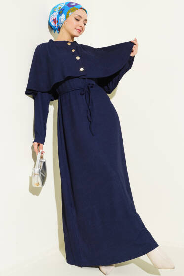 Pelerinli İp Bağcıklı Elbise Lacivert - Elbise