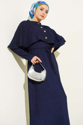 Pelerinli İp Bağcıklı Elbise Lacivert - Elbise