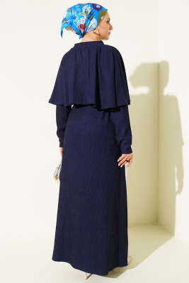 Pelerinli İp Bağcıklı Elbise Lacivert - Elbise