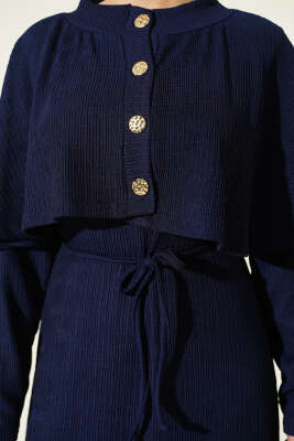 Pelerinli İp Bağcıklı Elbise Lacivert - Elbise