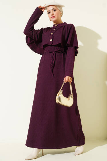 Pelerinli İp Bağcıklı Elbise Mürdüm - Elbise