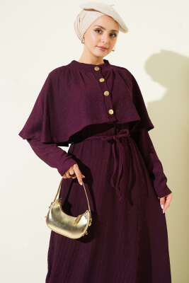 Pelerinli İp Bağcıklı Elbise Mürdüm - Elbise