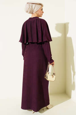 Pelerinli İp Bağcıklı Elbise Mürdüm - Elbise