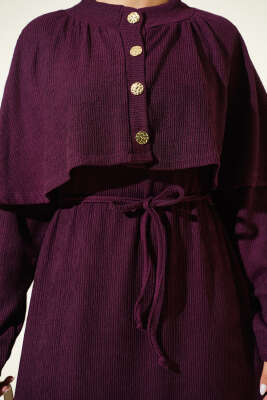 Pelerinli İp Bağcıklı Elbise Mürdüm - Elbise