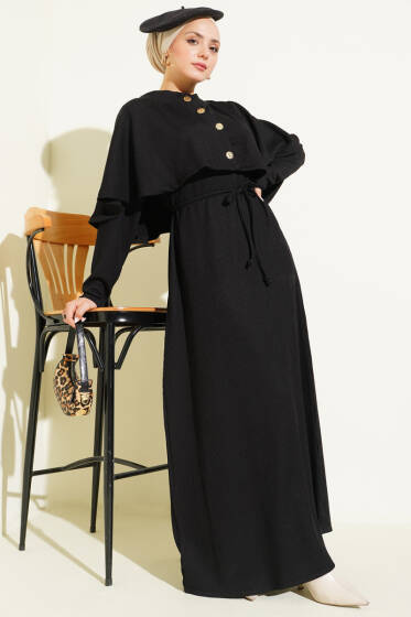 Pelerinli İp Bağcıklı Elbise Siyah - Elbise