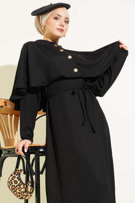 Pelerinli İp Bağcıklı Elbise Siyah - Elbise