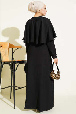 Pelerinli İp Bağcıklı Elbise Siyah - Elbise