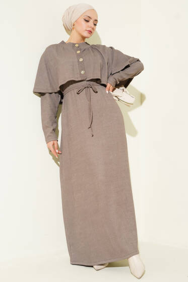 Pelerinli İp Bağcıklı Elbise Vizon - Elbise