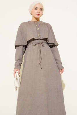 Pelerinli İp Bağcıklı Elbise Vizon - Elbise