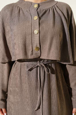 Pelerinli İp Bağcıklı Elbise Vizon - Elbise