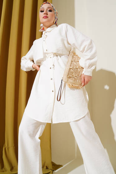 Pelerinli İp Bağcıklı İkili Takım Ekru - İkili Takım