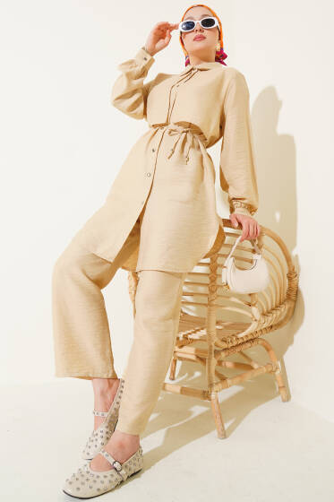 Pelerinli İp Bağcıklı İkili Takım Latte - İkili Takım