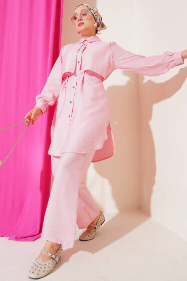 Pelerinli İp Bağcıklı İkili Takım Pudra - İkili Takım