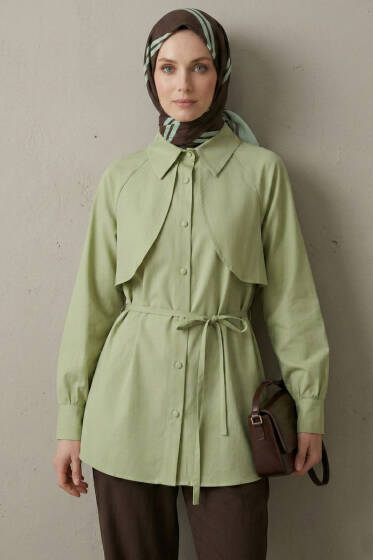 Pelerinli İp Detaylı Tunik Çağla Yeşili - Tunik