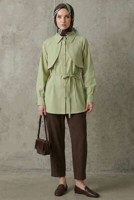 Pelerinli İp Detaylı Tunik Çağla Yeşili - Tunik