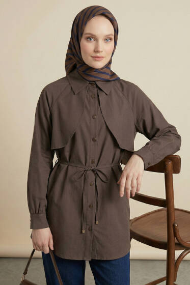 Pelerinli İp Detaylı Tunik Kahve - 300-500 TL Ürünler