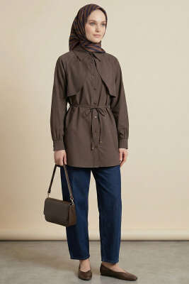 Pelerinli İp Detaylı Tunik Kahve - Tunik