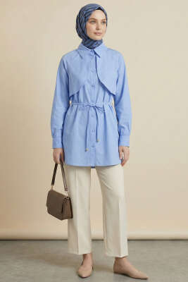 Pelerinli İp Detaylı Tunik Mavi - Tunik