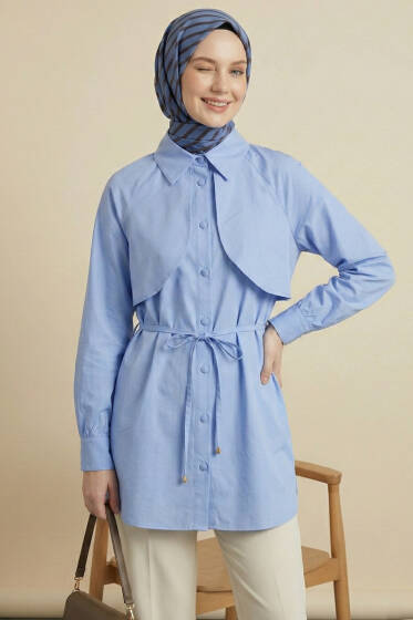 Pelerinli İp Detaylı Tunik Mavi - Tunik