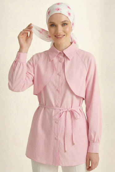Pelerinli İp Detaylı Tunik Pembe - 300-500 TL Ürünler