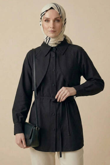 Pelerinli İp Detaylı Tunik Siyah - Tunik