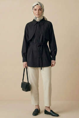 Pelerinli İp Detaylı Tunik Siyah - Tunik