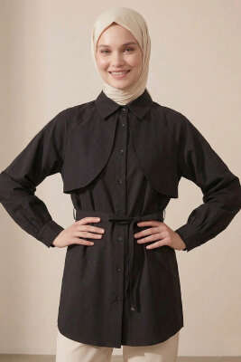 Pelerinli İp Detaylı Tunik Siyah 
