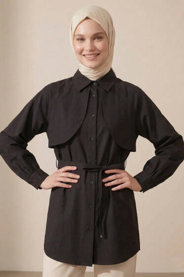 Pelerinli İp Detaylı Tunik Siyah - Tunik