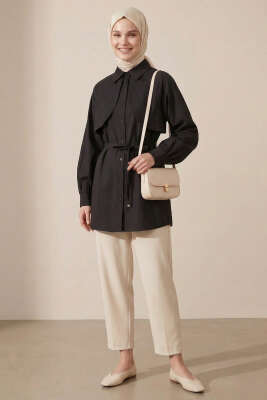 Pelerinli İp Detaylı Tunik Siyah - Tunik