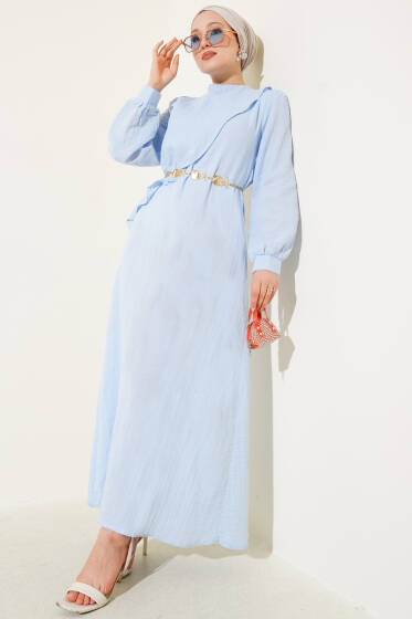 Pelerinli İp Kuşaklı Elbise Mavi - Elbise