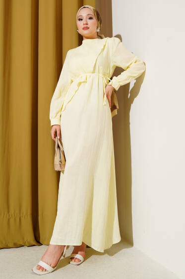 Pelerinli İp Kuşaklı Elbise Sarı - Elbise