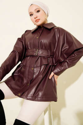 Pelerinli Kemerli Deri Ceket Bordo - HEWES